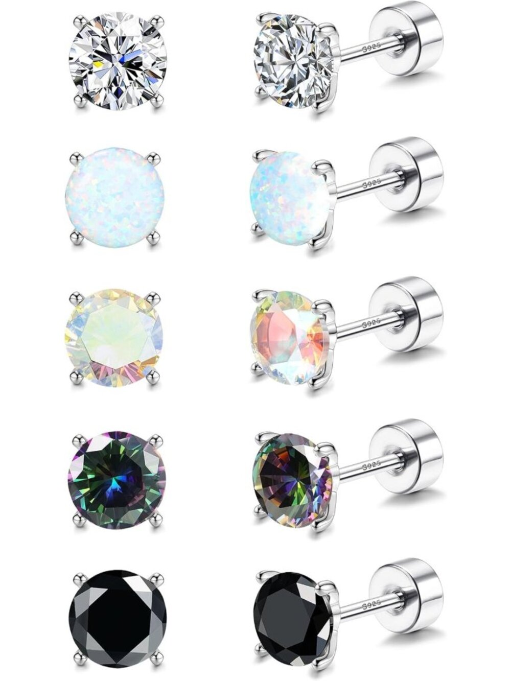 5 Pairs 925 Sterling Silver Stud Earrings for Women - CZ Gemstone, Multiple